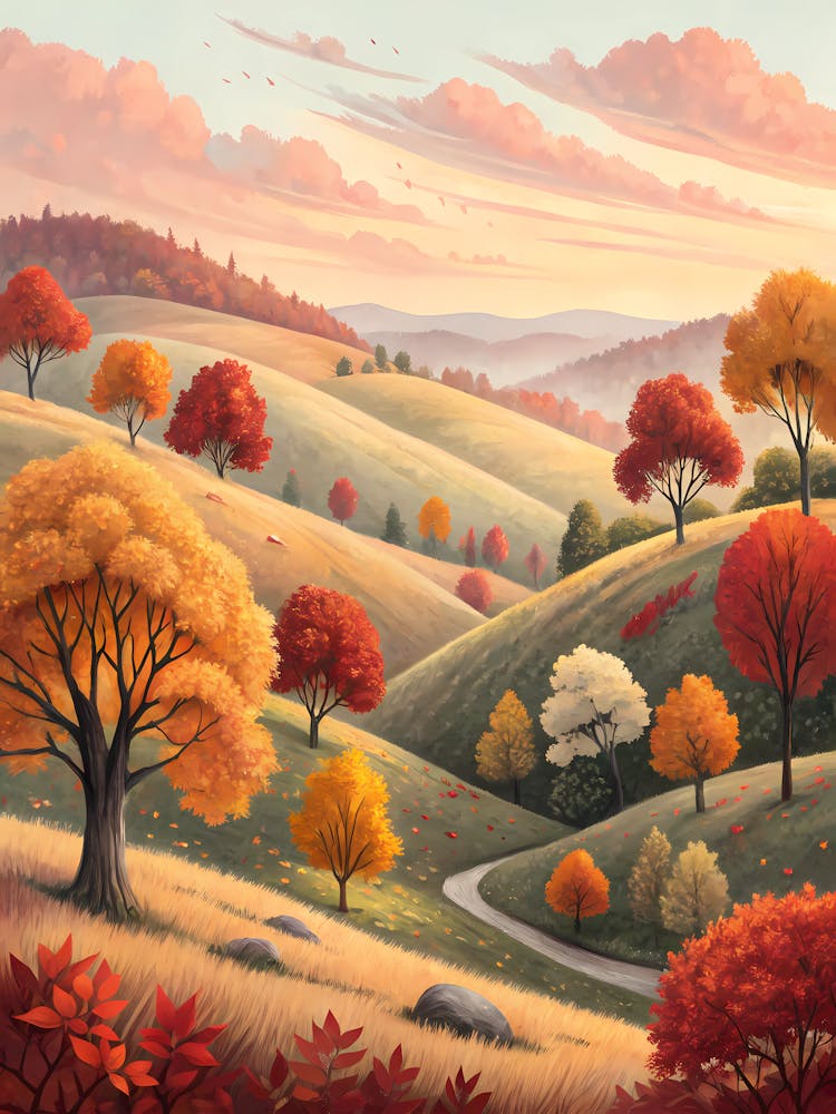 Oil Painting Style Autumn Hillside Path Vibrant Foliage & Rolling Landscape