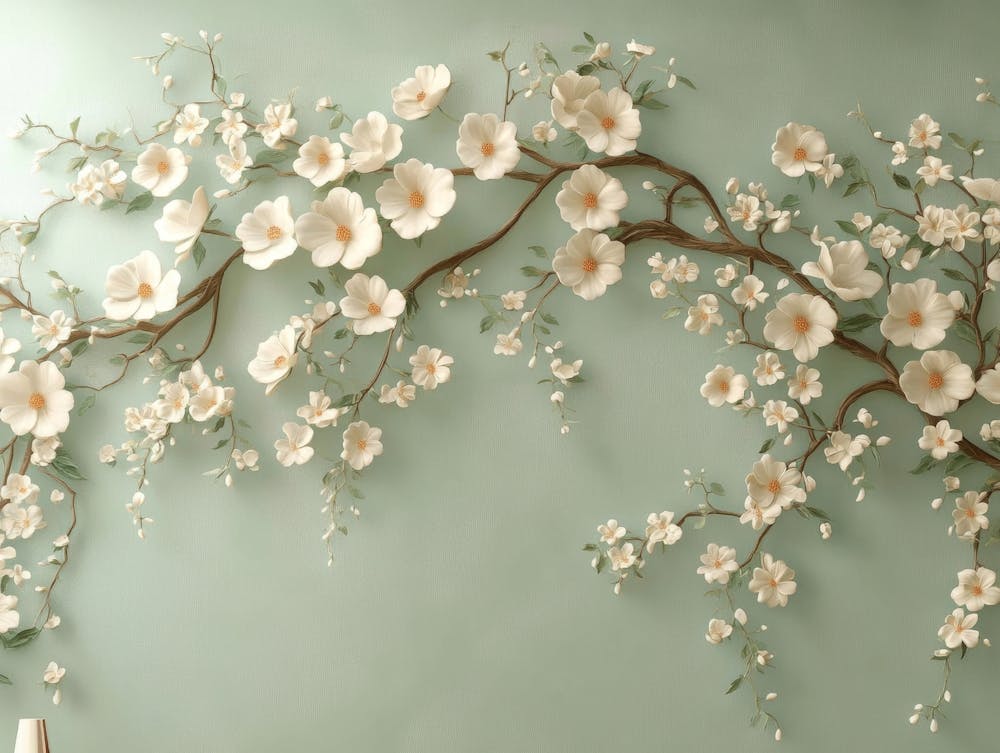 3d Floral Featuring A Light Green Background With Flower Branches