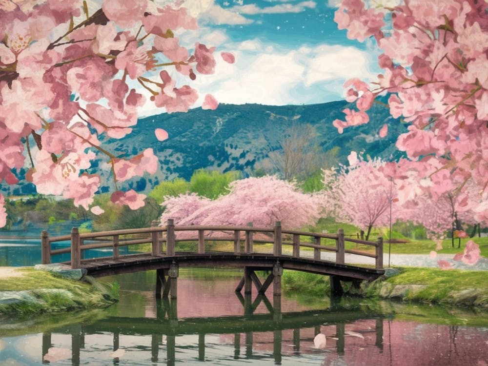 Blossoming Bridge - Cherry Tree Landscape