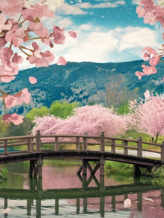 Blossoming Bridge - Cherry Tree Landscape