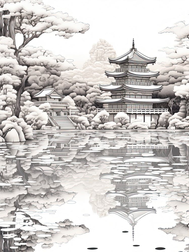 Kinkaku Ji (Golden Pavilion) In Kyoto, Ukiyo E Black And White Line Art Drawing 2