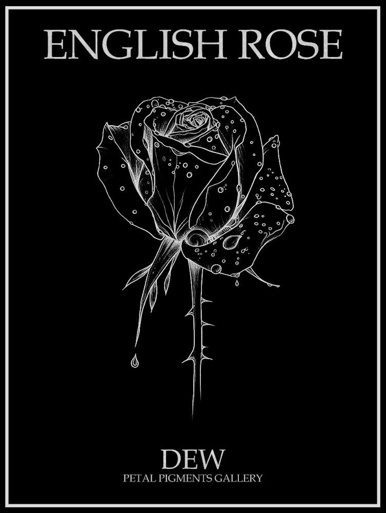 Englische Rose Tau Strichzeichnung 3 Poster Invertiert