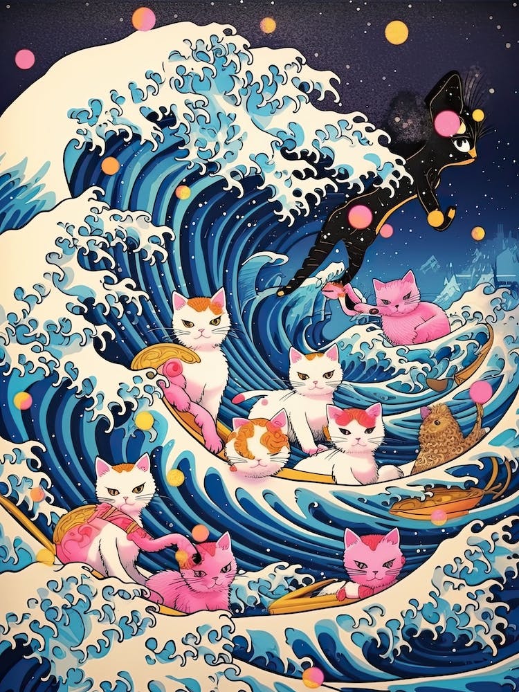The Great Wave Off Kanagawa Pink Cats Kitsch