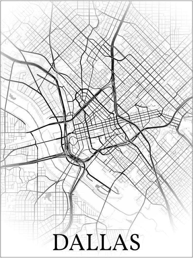 Dallas, Texas, United States, City Map, Black And White Fade Design 1