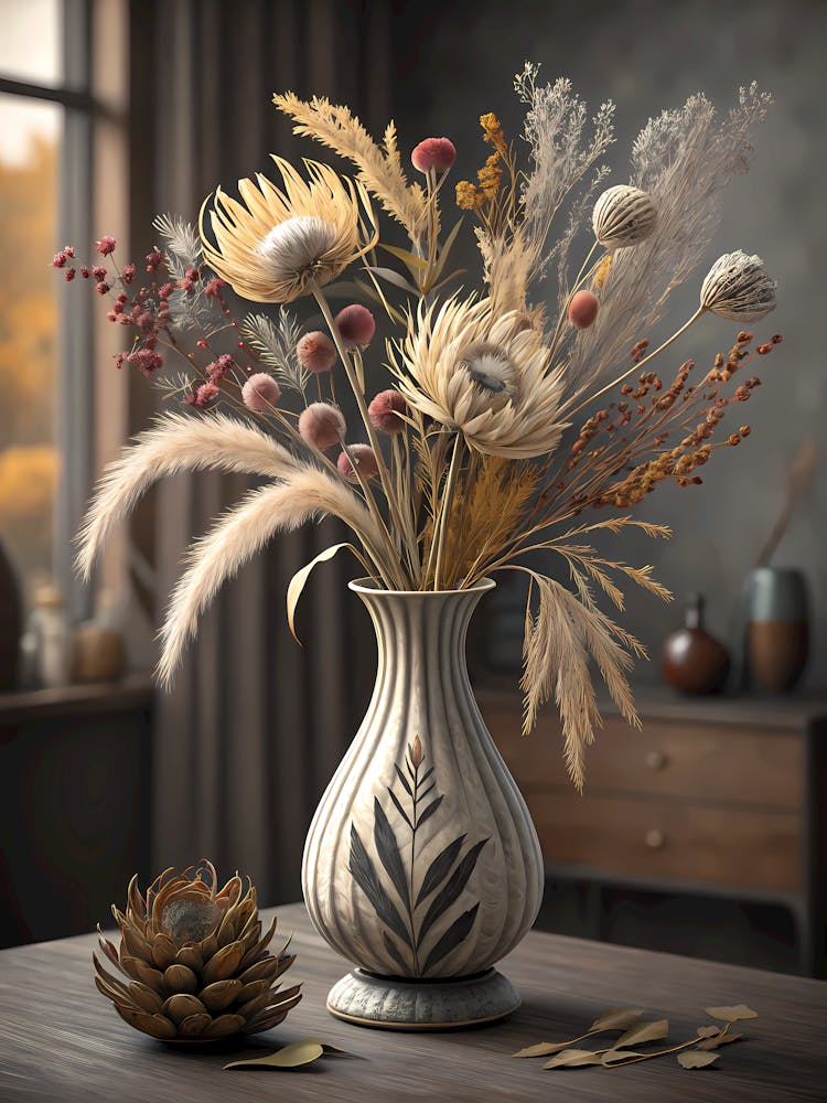 Oil Painting Style Dried Floral Arrangement In Mod