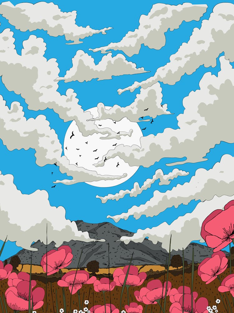 Panorama de Paysage de Coquelicots de Bande Dessinée