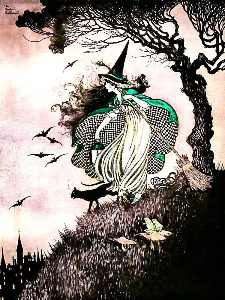 The Little Witch by Ida Rentoul Outhwaite - Remastered Illustration in Black and Pink - Green Witch With A Broomstick, Frog and Black Cat - Fairytale Vintage Victorian Witchcore Famous Witchy Cottagecore Fairycore