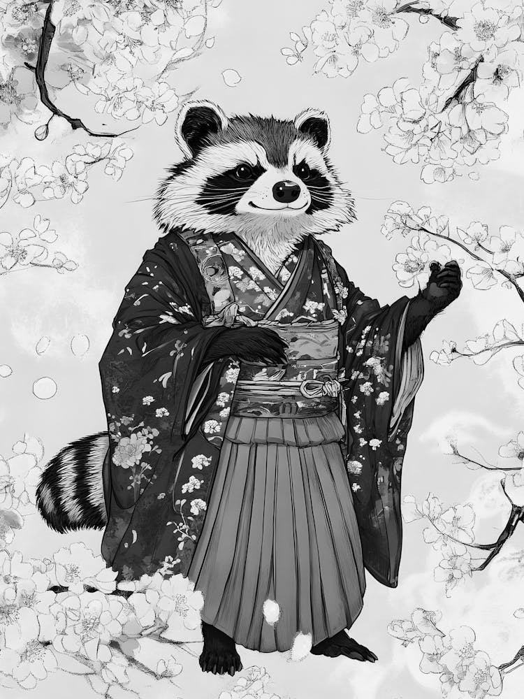 Raccoon In Cherry Blossoms
