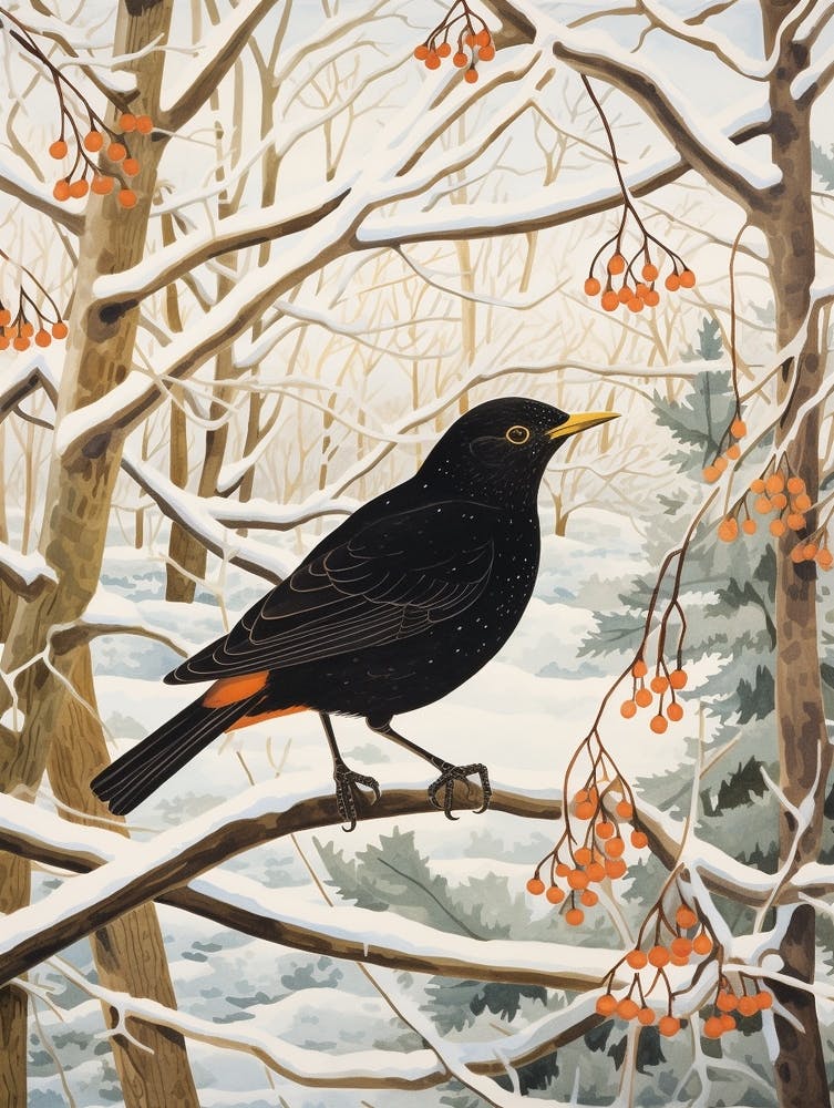 Winter Bird Painting Blackbird 1