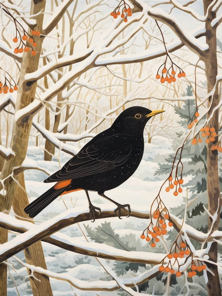 Winter Bird Painting Blackbird 1