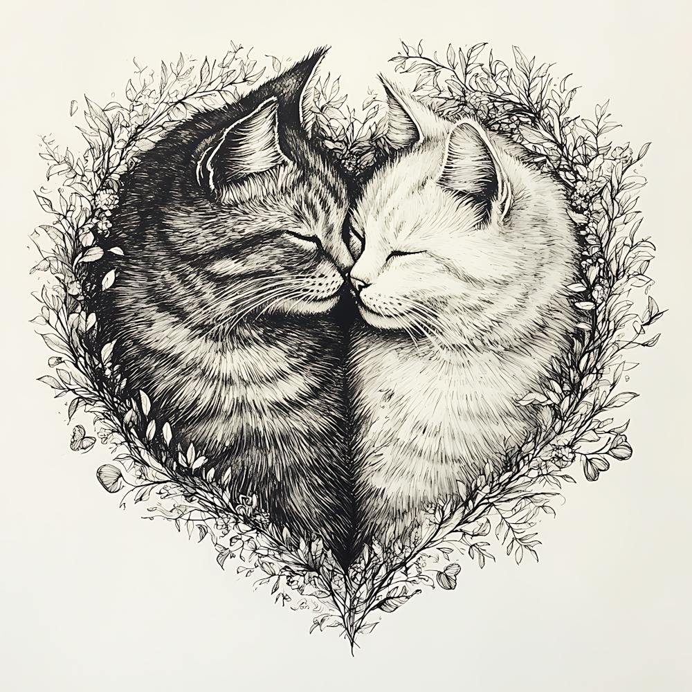 Delicate Ink Drawing of Cats Love Heart 8