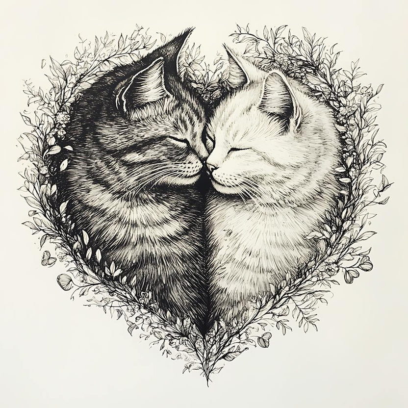 Delicate Ink Drawing of Cats Love Heart 8