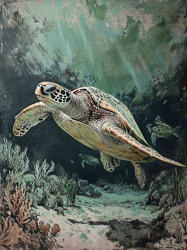 Textured Painting Of A Sea Turtle Exploring The Bottom Of The Ocean
