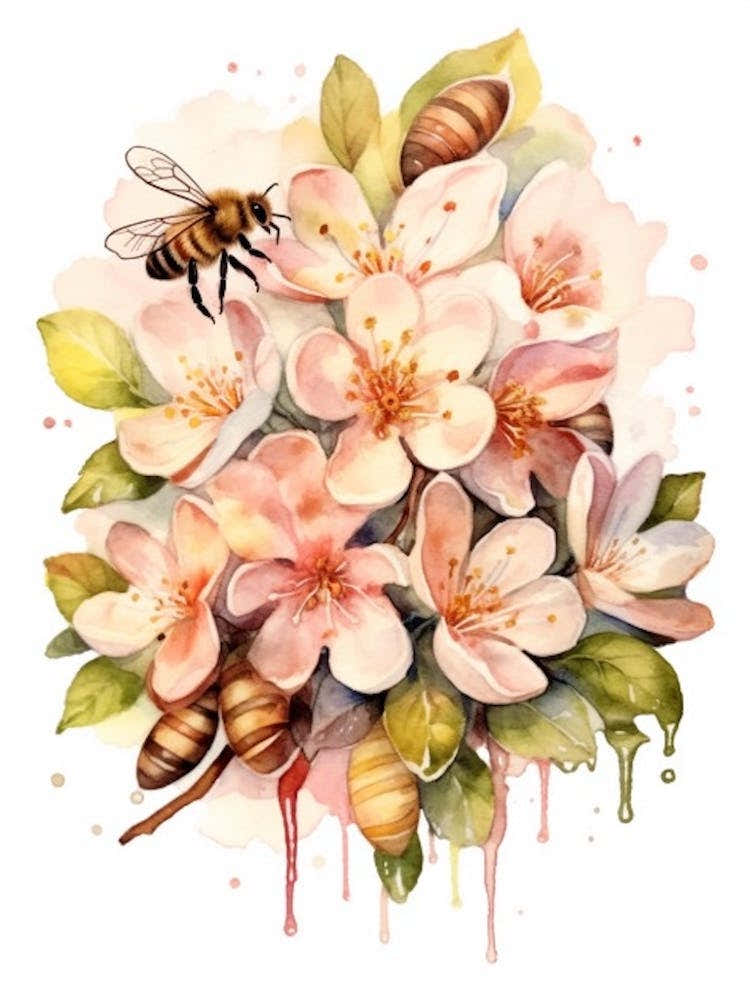Beehive With Apple Blossom Watercolour Illustration 4