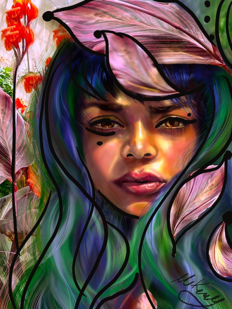 Woman Portrait Flowers Realistic Painting