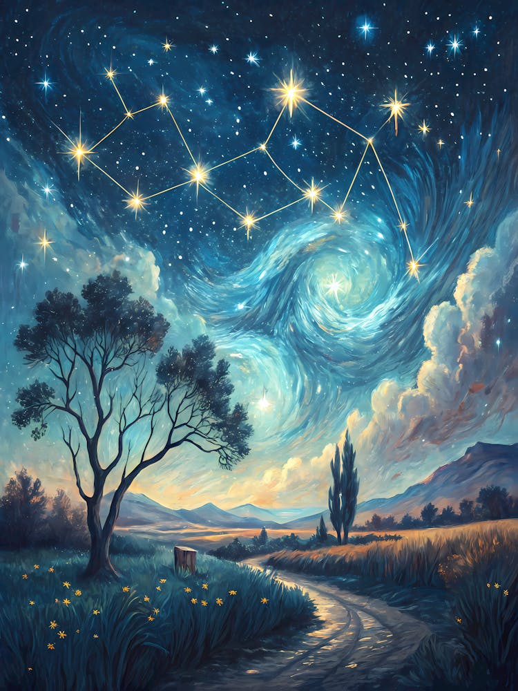Starry Night Constellation Landscape Oil Painting