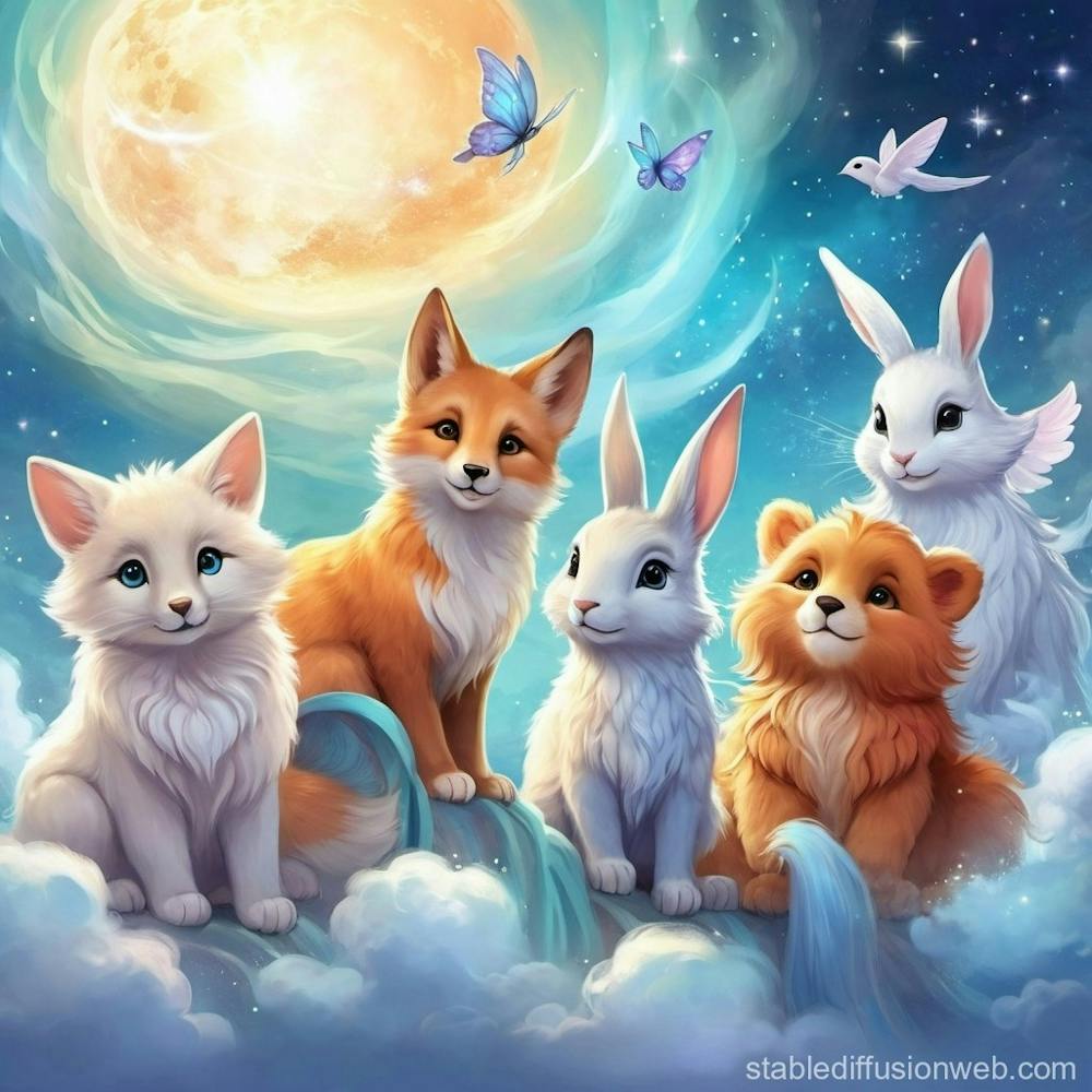 Cute wall decor of Rabbits squirrels and Foxes In The Sky