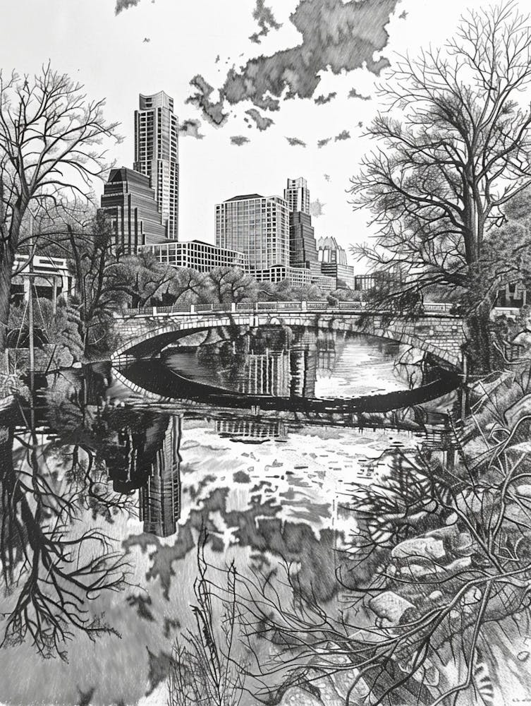 Red River Cultural District Austin Texas Black And White Drawing 3