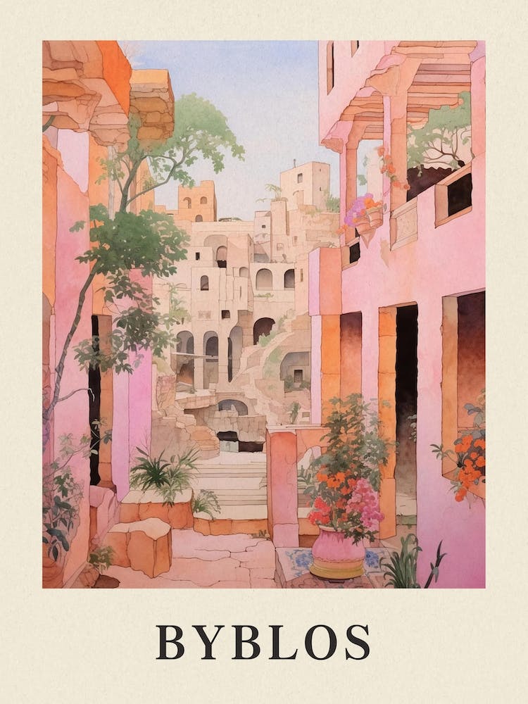 Byblos Lebanon 4 Vintage Pink Travel Illustration Poster