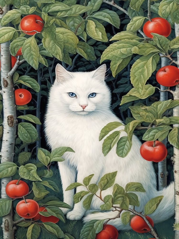 White Cat In Apple Orchard