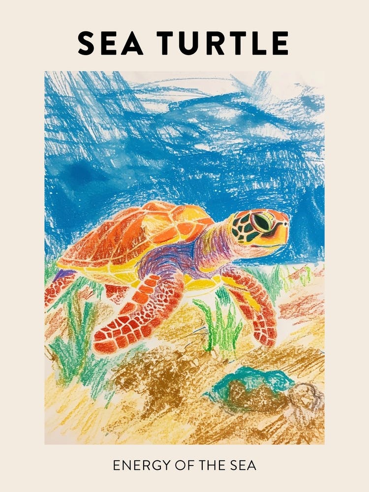 Sea Turtle On The Beach Crayon Doodle Poster 4
