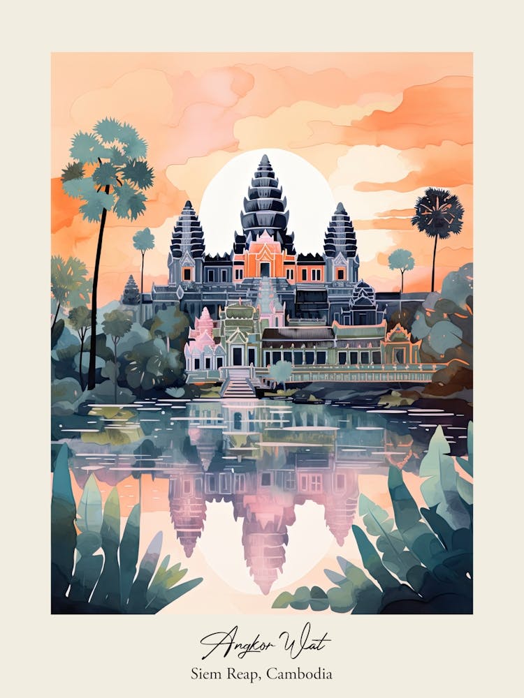 Angkor Wat   Siem Reap, Cambodia   Cute Botanical Illustration Travel 2 Poster
