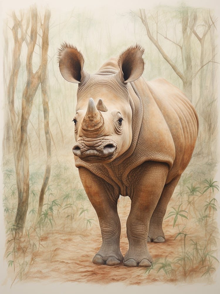 Vintage Illustration Of A Rhino Walking Through The Jungle 1