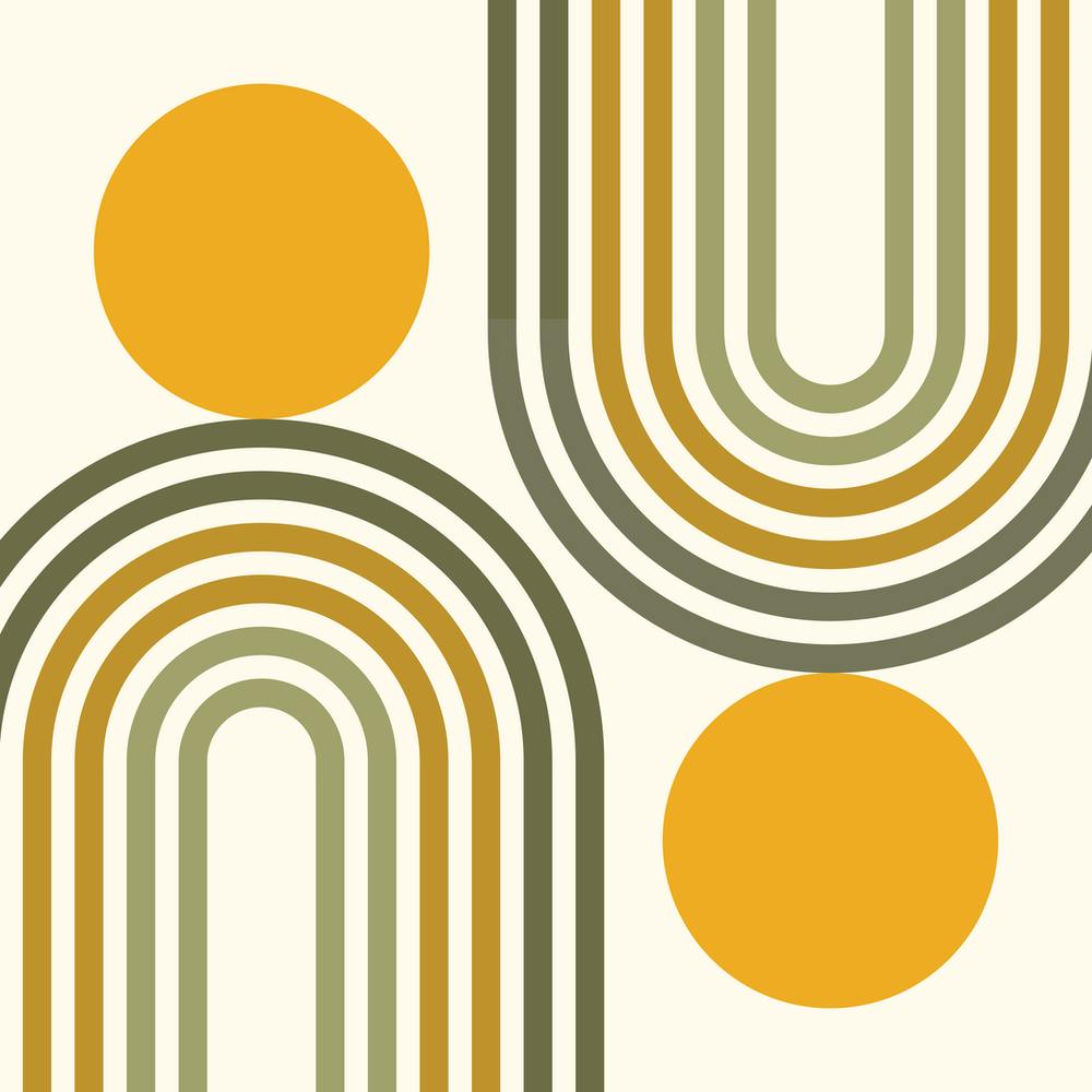 Mid Century Modern Geometric in retro gold sage green greenery (Rainbow and Sun Abstract Design) 1