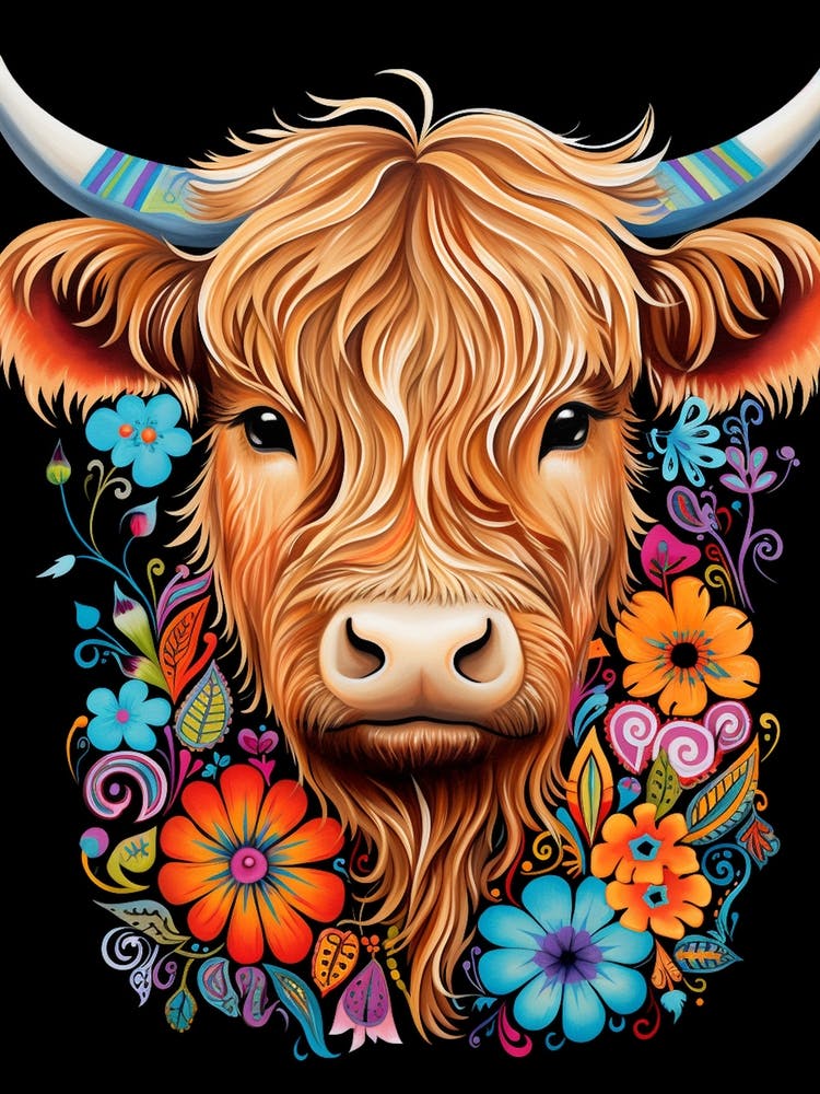 Floral Digital Portrait Of Highland Cow