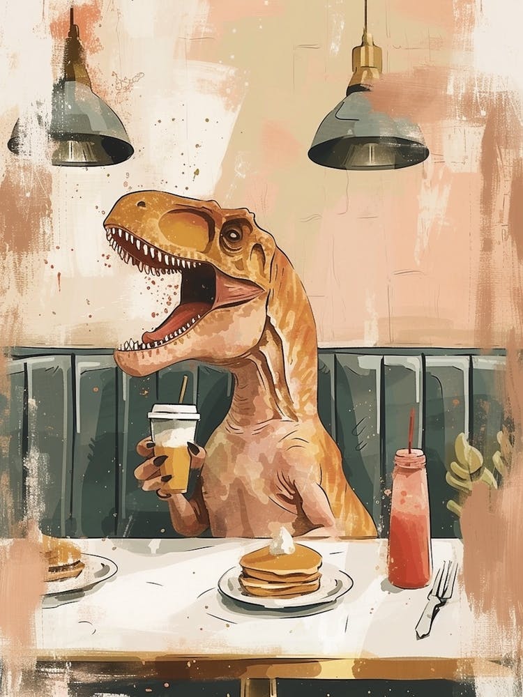 Muted Mustard Dinosaur Eating Breakfast At A Diner