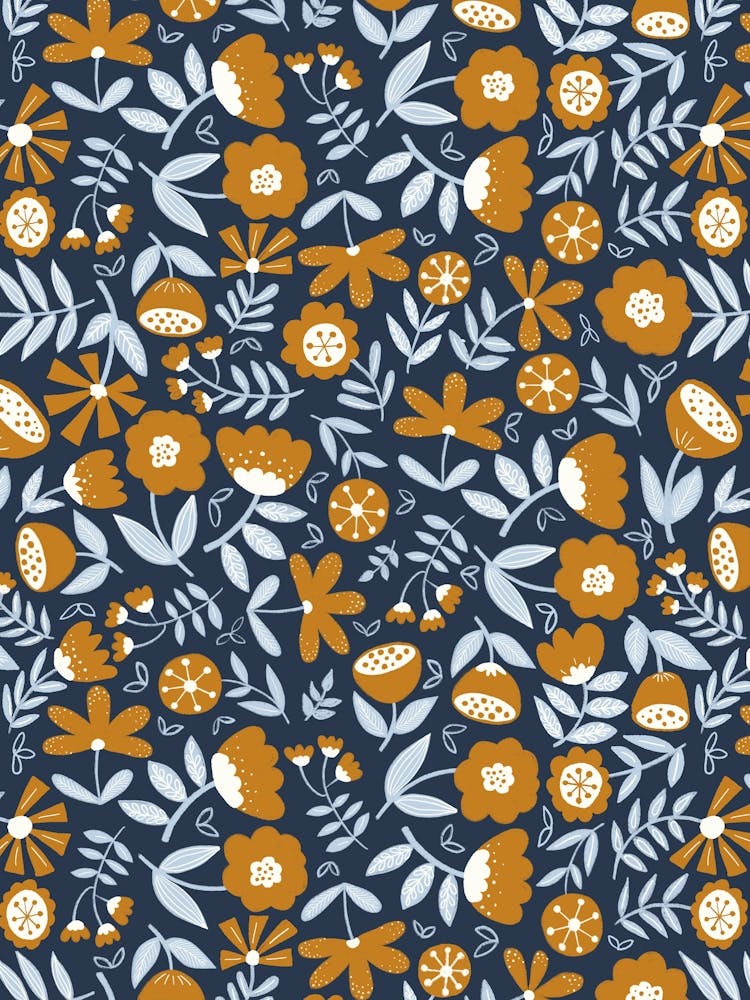 Cute Soft Scattered Scandi Florals Navy Blue, Gold Yellow, Ice Blue