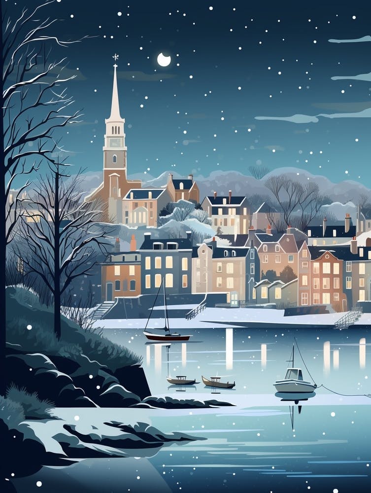 Winter Travel Night Illustration Plymouth United Kingdom 3