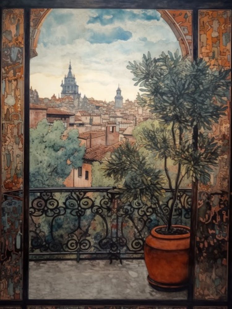 A Window View Of Barcelona In The Style Of Art Nouveau 1