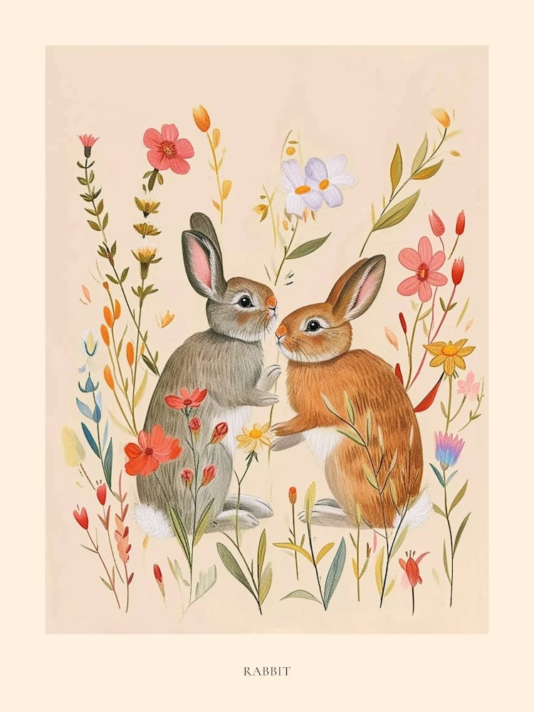 Folksy Floral Animal Drawing Rabbit 1 Poster