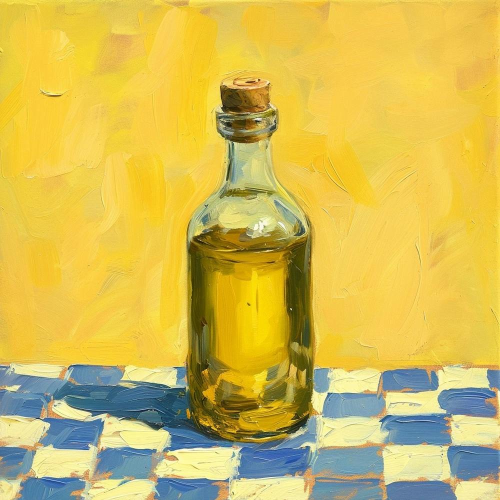 Olive Oil In A Bottle Yellow Checkerboard 1