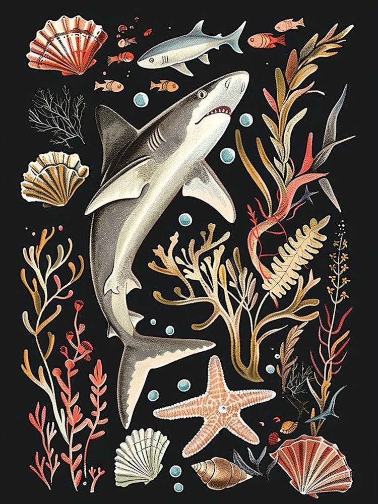 Blacktip Reef Shark Seascape Black Background Illustration 2
