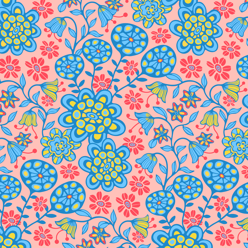 GARDEN WILD Boho Floral Cottage Botanical in Icy Blues Red Sunshine Yellow on Pink