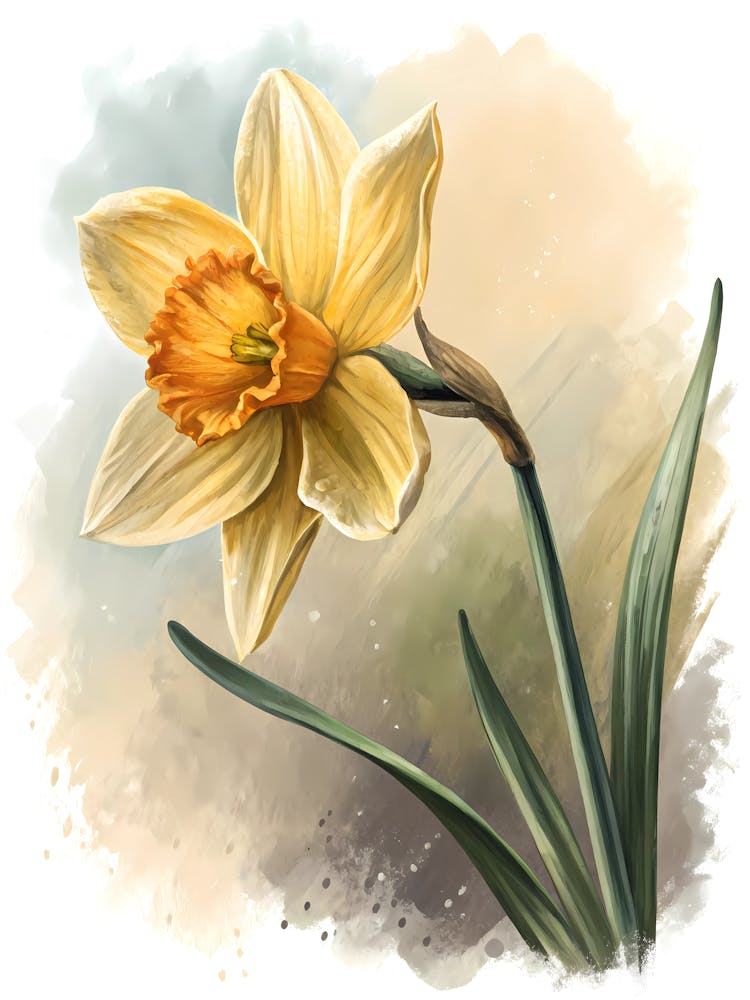 Oil Painting Style Single Daffodil On Minimalist