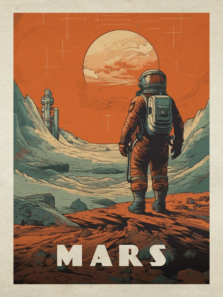 Mars, colony, astronaut — Vintage space poster, retro space art, retrofuturism, retro sci-fi 2