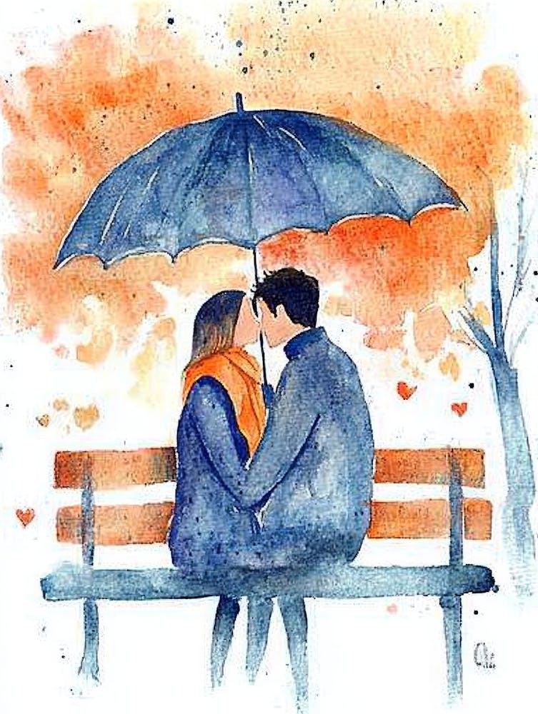 Happy Couple Lover Kissing Under The Umbrella