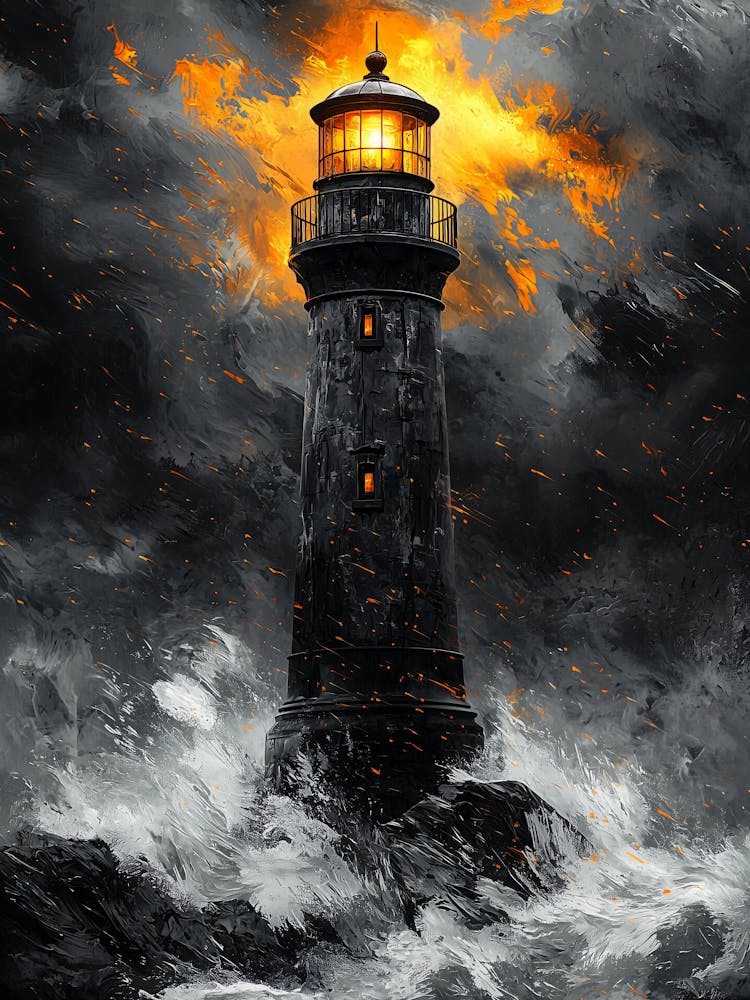 Lighthouse In The Storm, Romantic Monochrome Charcoal style