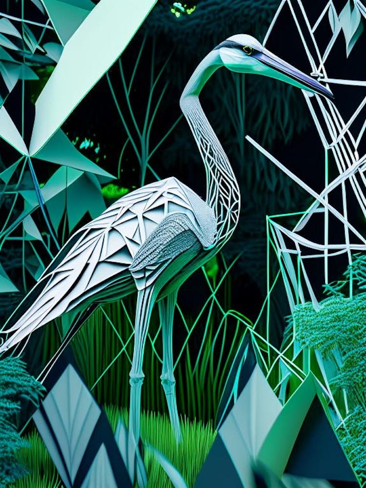 Blue Heron In Garden Polygonal Wireframe 1