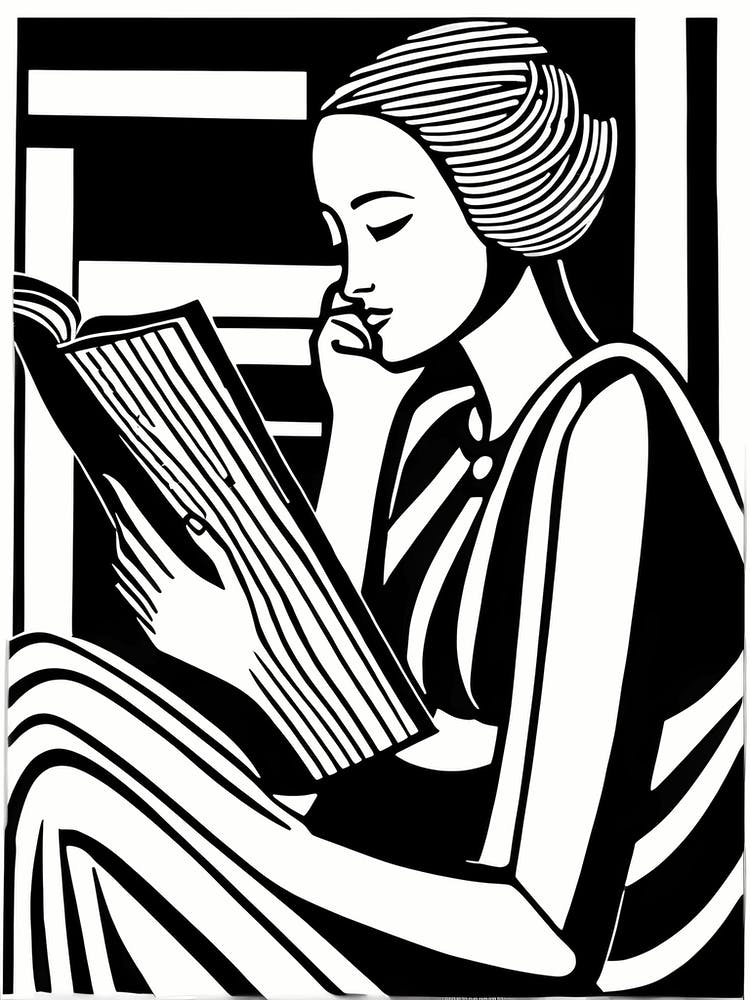 Just a girl who loves to read, Lion cut inspired Black and white Stylized portrait of a Woman reading a book, reading art, book worm, Reading girl 183