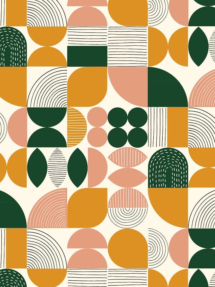 Modern Art Geometric Shapes Green Mustard Peach