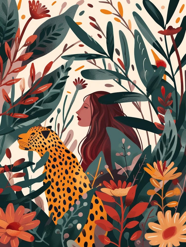 Mädchen mit Leopard im Dschungel 1