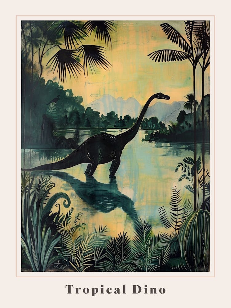 Dinosaur With Tropical Leaves Silhouette Painting Poster