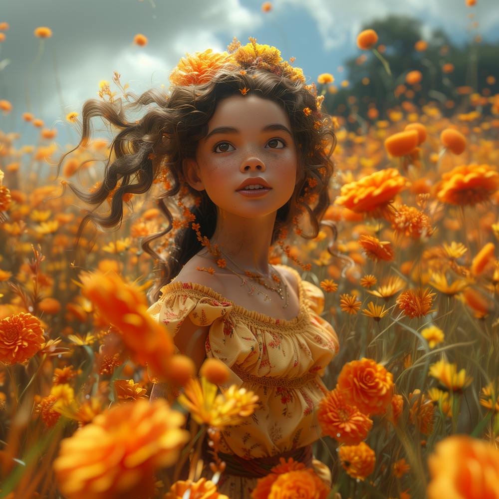 Girl In A Field Of Mexican Marigold Flowers