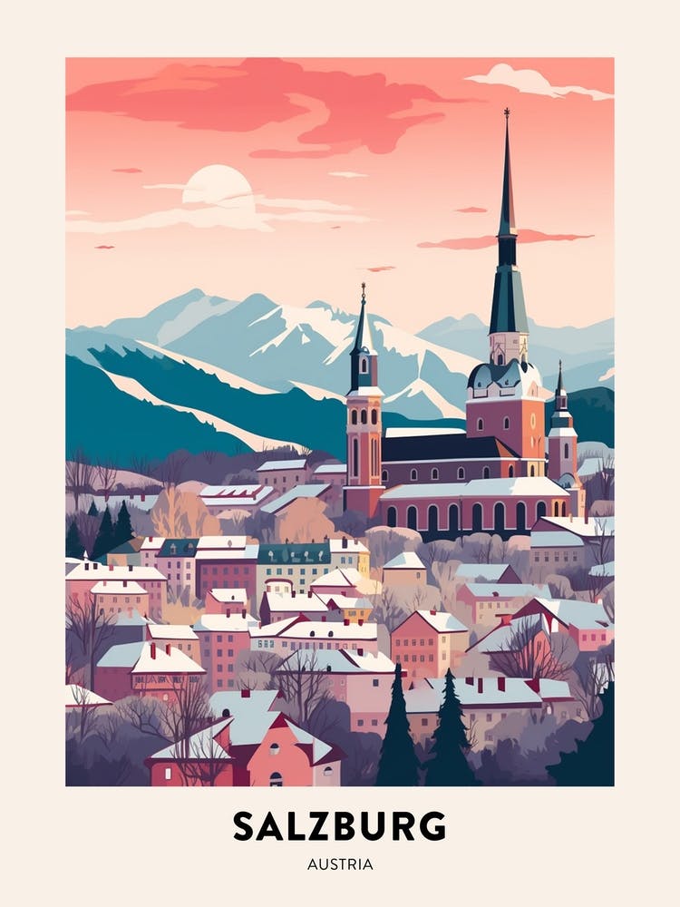 Vintage Winter Travel Poster Salzburg Austria 3