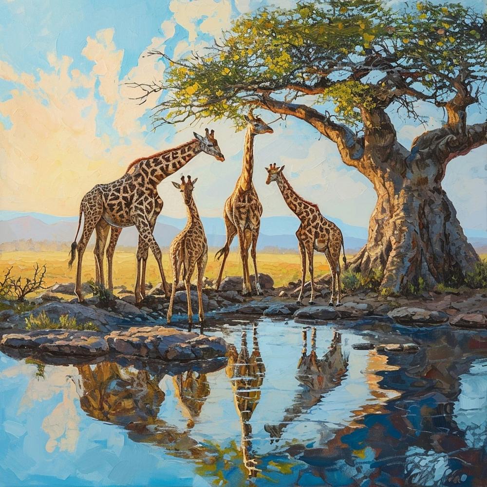Herd Of Giraffes Looking At Their Reflection