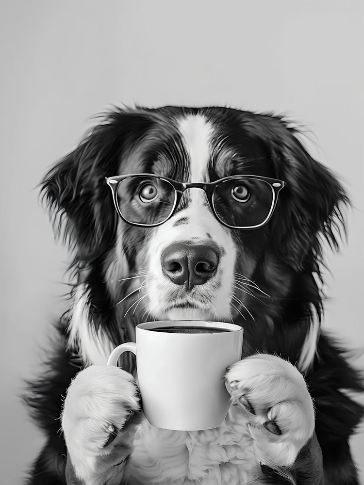 Bernese Mountain Dog And Coffee Wall Art, Black And White Print, Coffee Lover Print, Funny Dog Poster, Coffee Bar Art, Kitchen Wall Decor